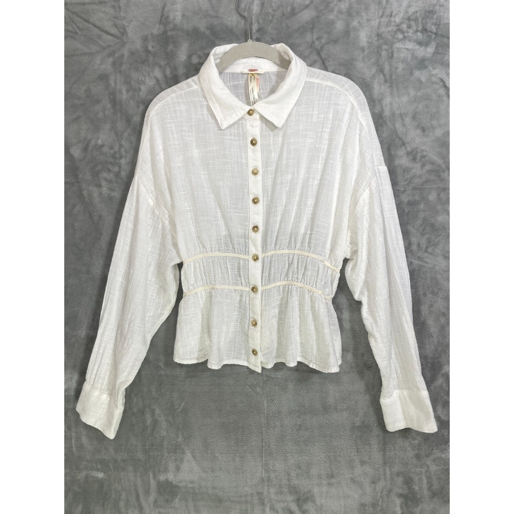 Free People White Cotton Gauze Blouse Tie Back Long Sleeve Boho Earthy Romantic